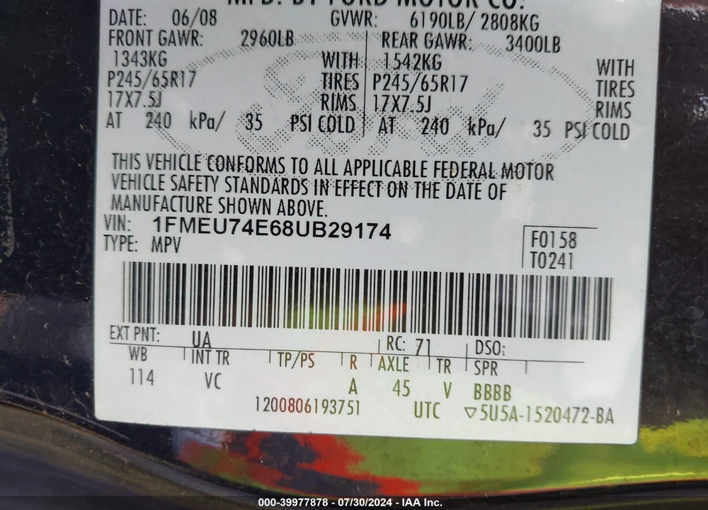 2008 FORD EXPLORER EDDIE BAUER VIN: 1FMEU74E68UB29174