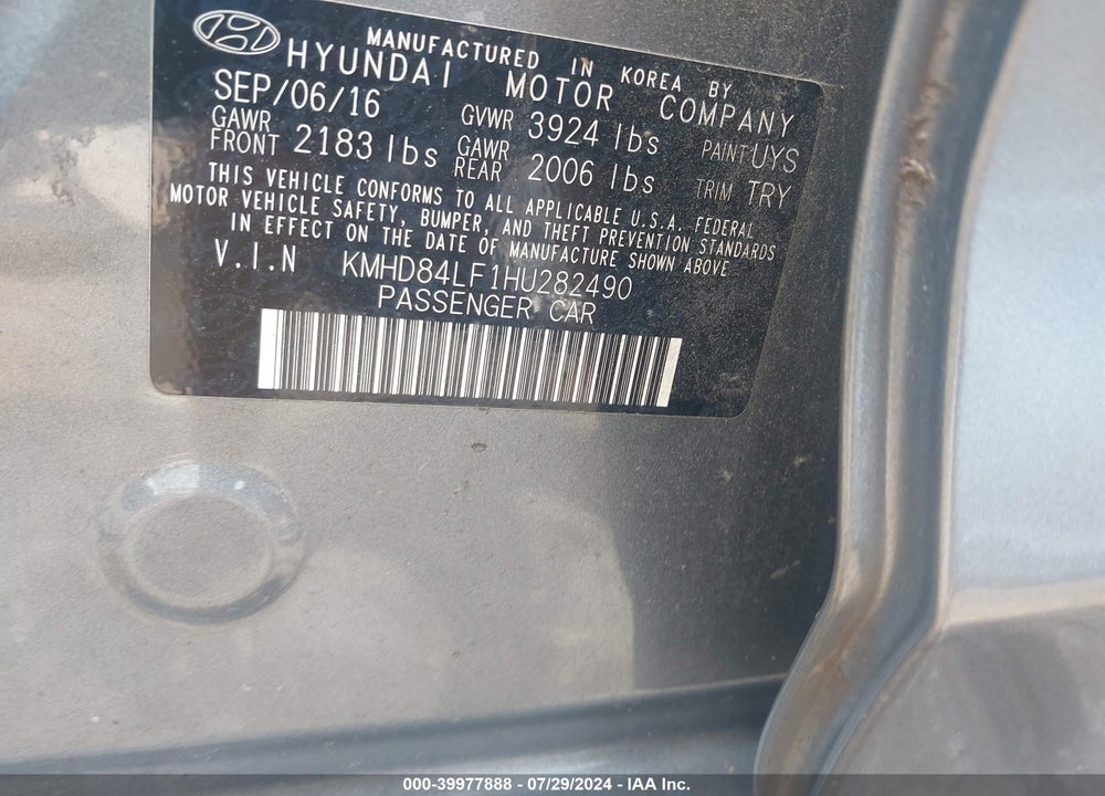 2017 HYUNDAI ELANTRA LIMITED VIN: KMHD84LF1HU282490