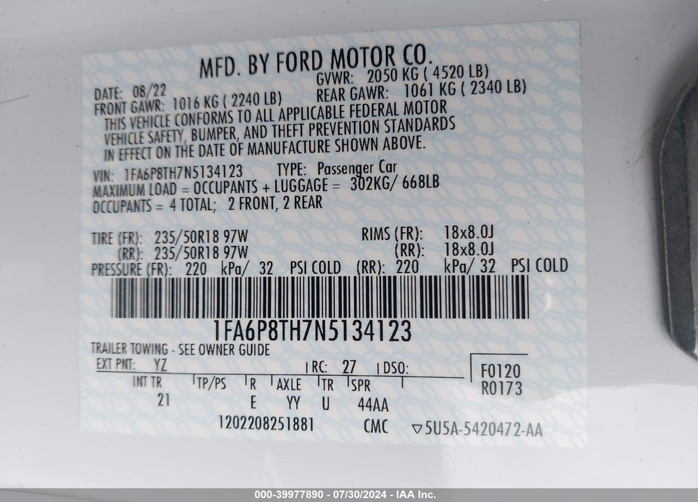 2022 FORD MUSTANG ECOBOOST FASTBACK VIN: 1FA6P8TH7N5134123