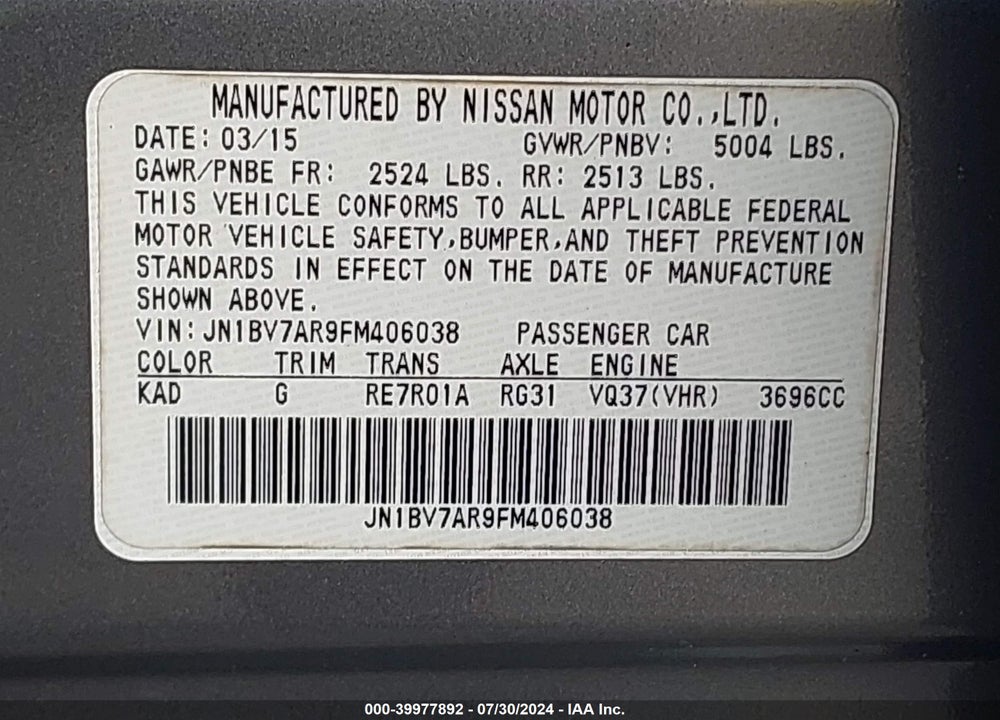2015 INFINITI Q50 PREMIUM VIN: JN1BV7AR9FM406038