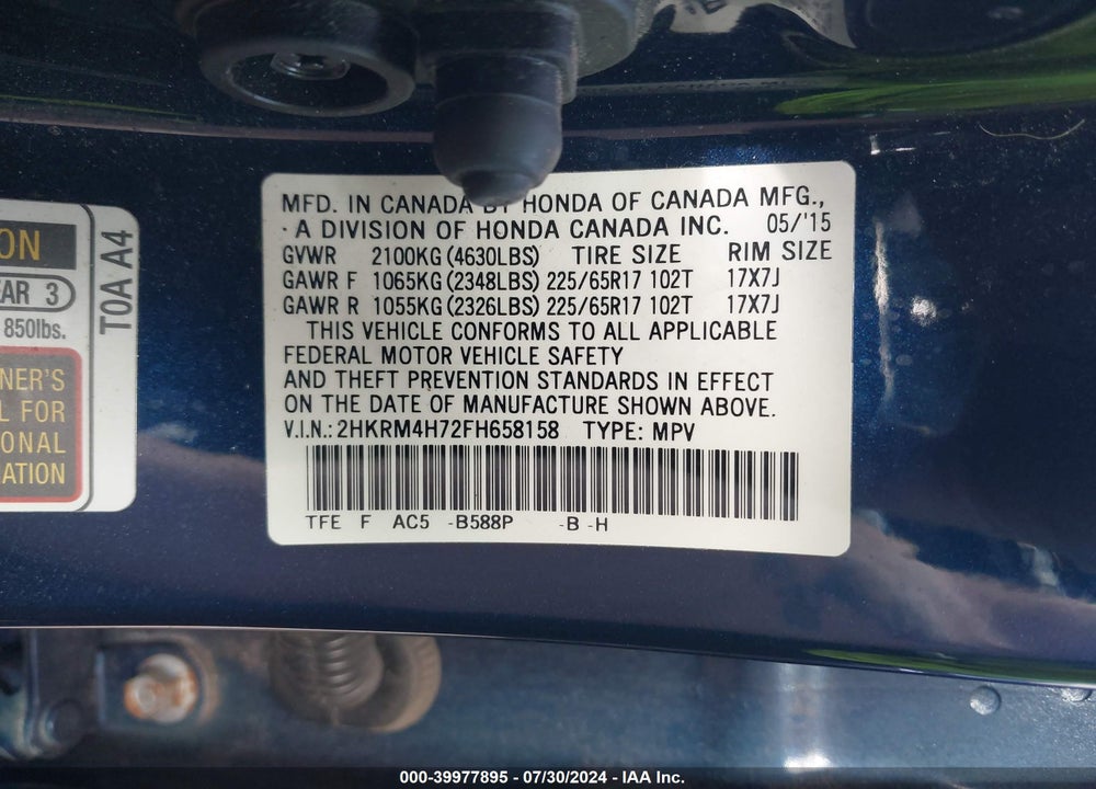2015 HONDA CR-V EX-L VIN: 2HKRM4H72FH658158