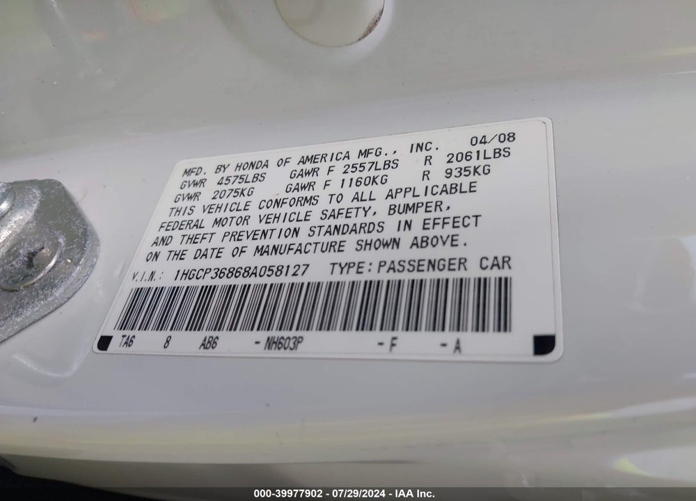 2008 HONDA ACCORD 3.5 EX-L VIN: 1HGCP36868A058127