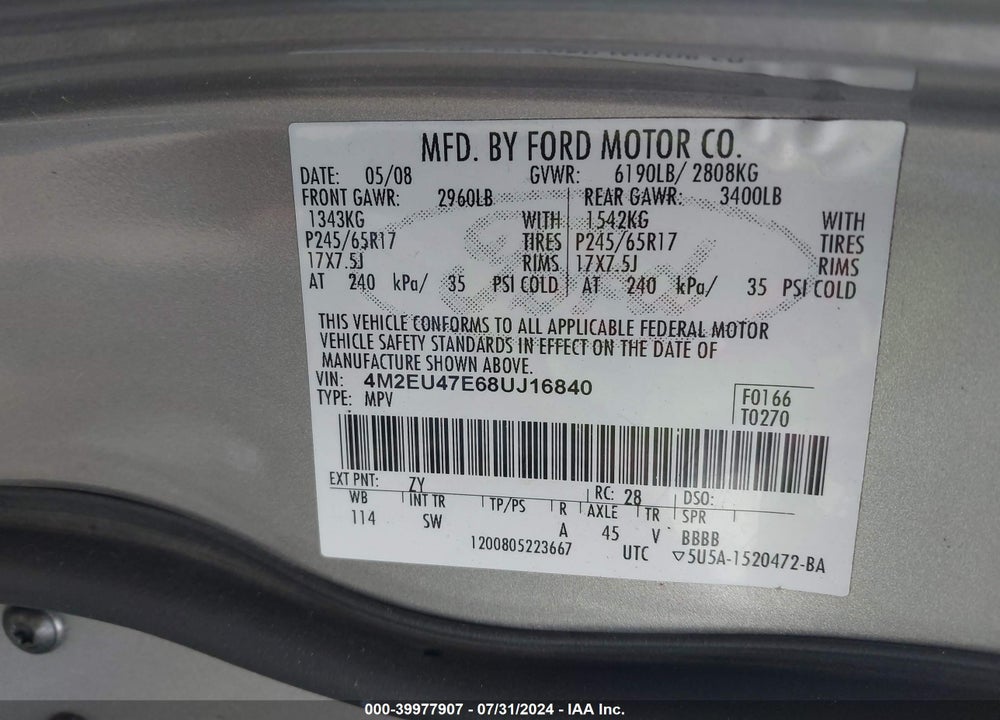 2008 MERCURY MOUNTAINEER VIN: 4M2EU47E68UJ16840