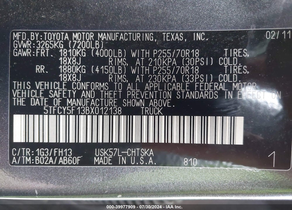 2011 TOYOTA TUNDRA GRADE 5.7L V8 VIN: 5TFCY5F13BX012138