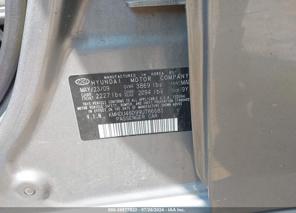 2009 HYUNDAI ELANTRA GLS VIN: KMHDU46D99U786681