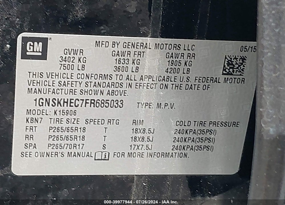 2015 CHEVROLET SUBURBAN 1500 LS VIN: 1GNSKHEC7FR685033