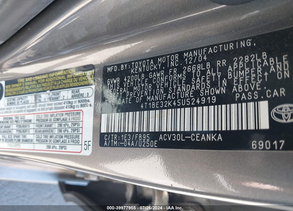 2005 TOYOTA CAMRY LE VIN: 4T1BE32K45U524919