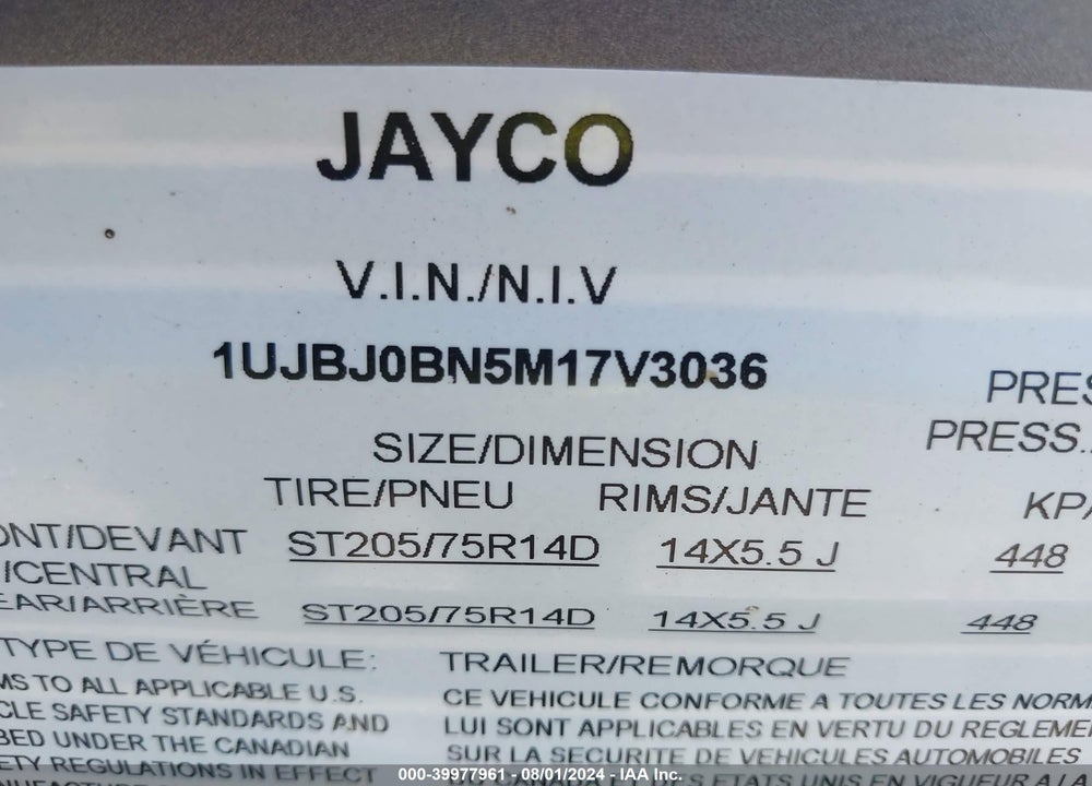 2021 JAYCO JAY FLIGHT VIN: 1UJBJ0BN5M17V3036