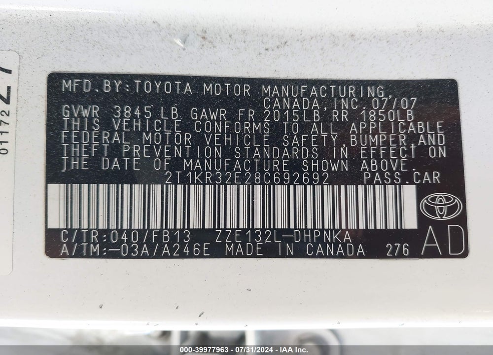 2008 TOYOTA MATRIX/XR VIN: 2T1KR32E28C692692