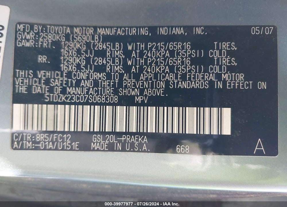 2007 TOYOTA SIENNA LE VIN: 5TDZK23C07S068308