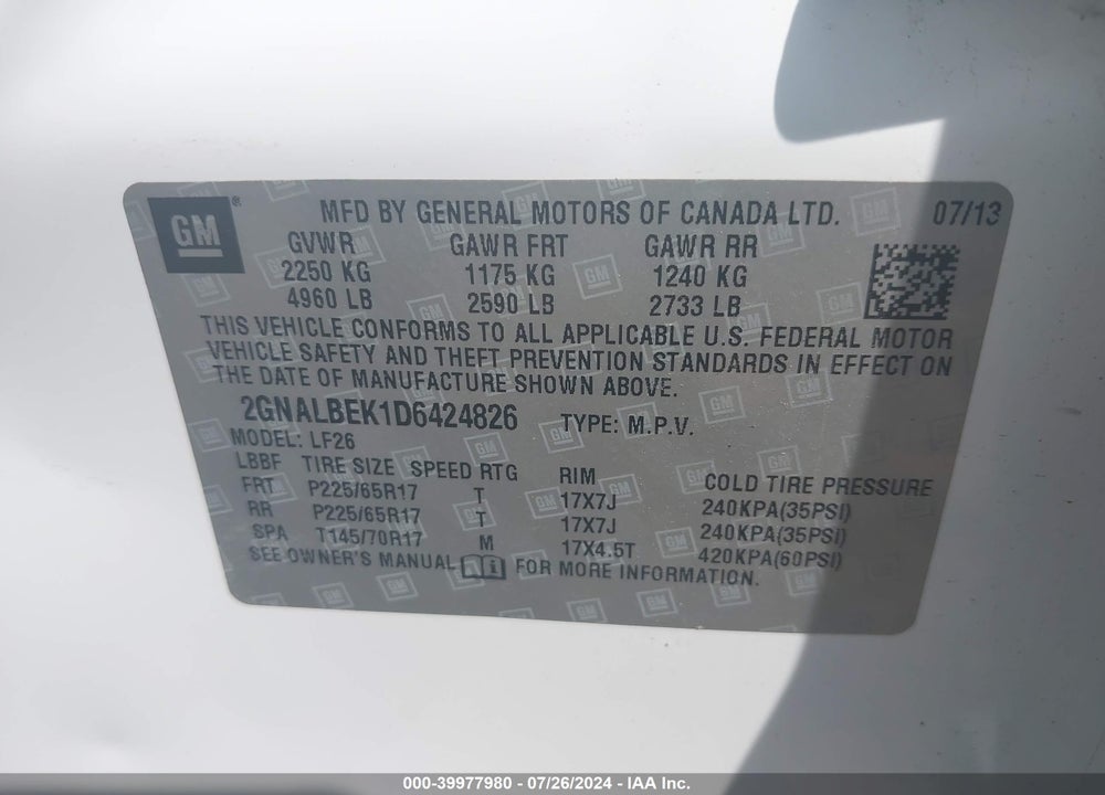 2013 CHEVROLET EQUINOX LS VIN: 2GNALBEK1D6424826