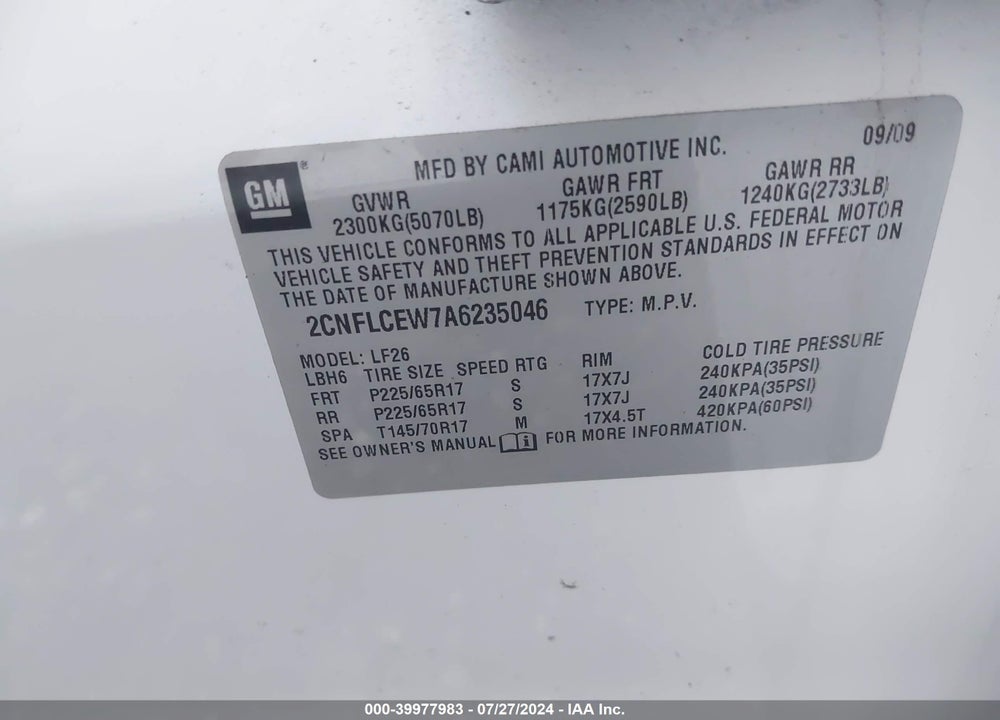 2010 CHEVROLET EQUINOX LS VIN: 2CNFLCEW7A6235046