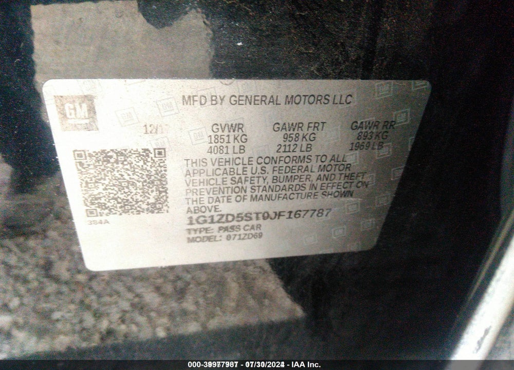 2018 CHEVROLET MALIBU VIN: 1G1ZD5ST0JF167787