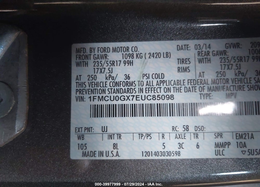 2014 FORD ESCAPE SE VIN: 1FMCU0GX7EUC85098