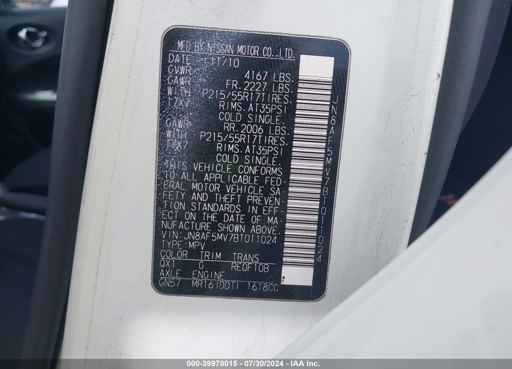 2011 NISSAN JUKE S VIN: JN8AF5MV7BT011024