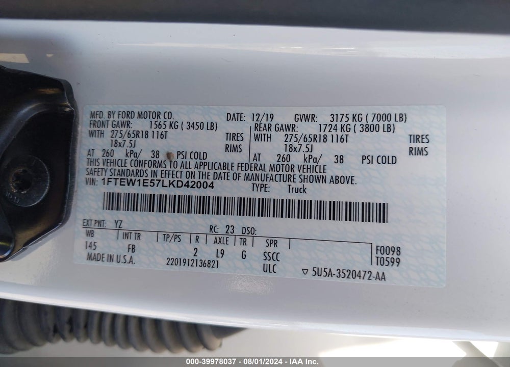 2020 FORD F-150 XLT VIN: 1FTEW1E57LKD42004