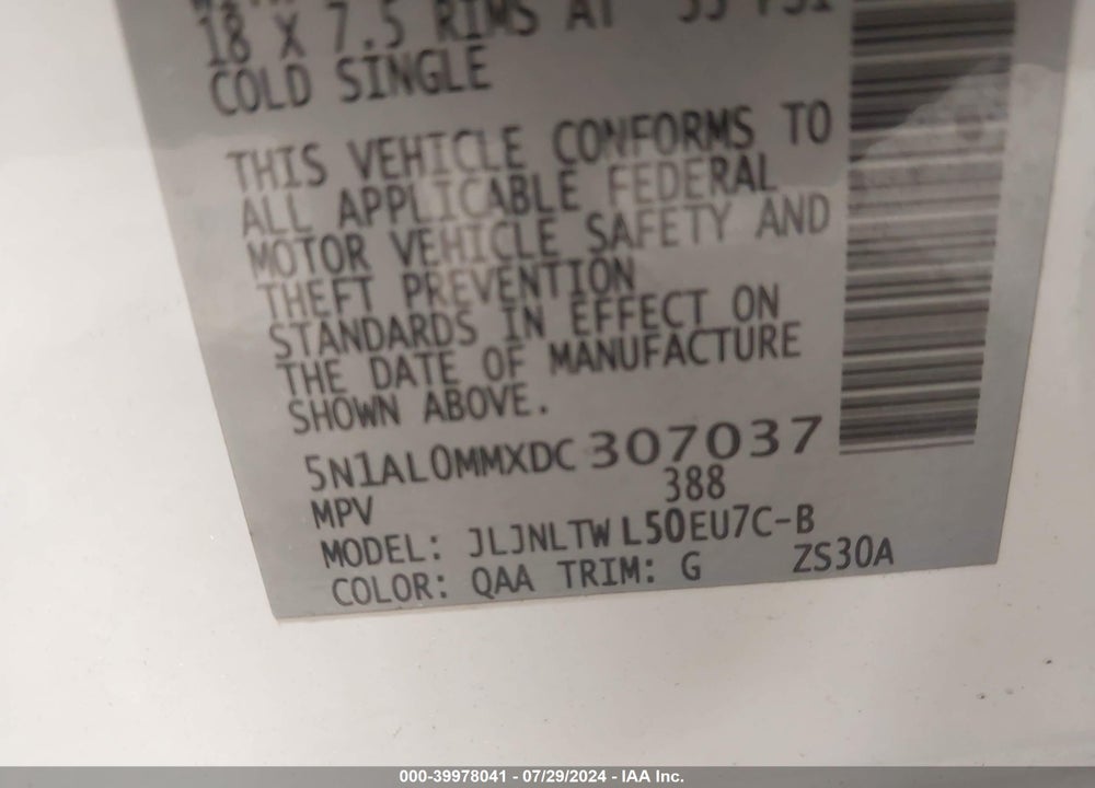 2013 INFINITI JX35 VIN: 5N1AL0MMXDC307037