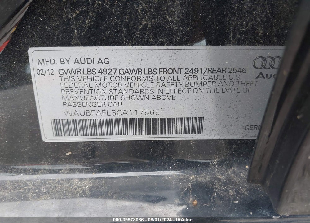 2012 AUDI A4 2.0T PREMIUM VIN: WAUBFAFL3CA117565