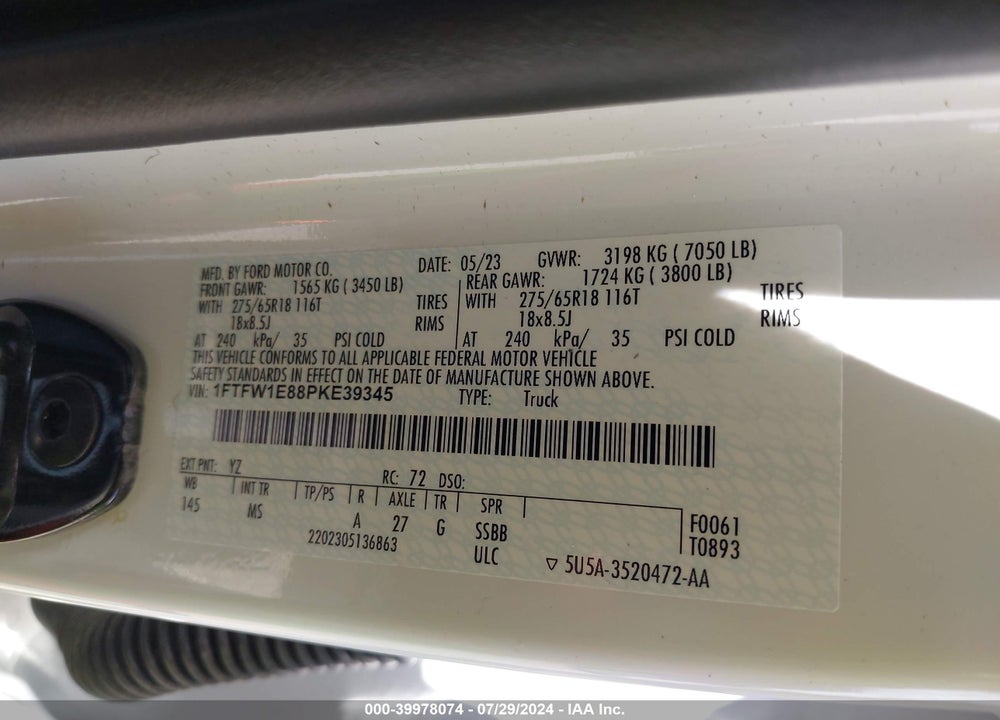 2023 FORD F-150 XLT VIN: 1FTFW1E88PKE39345