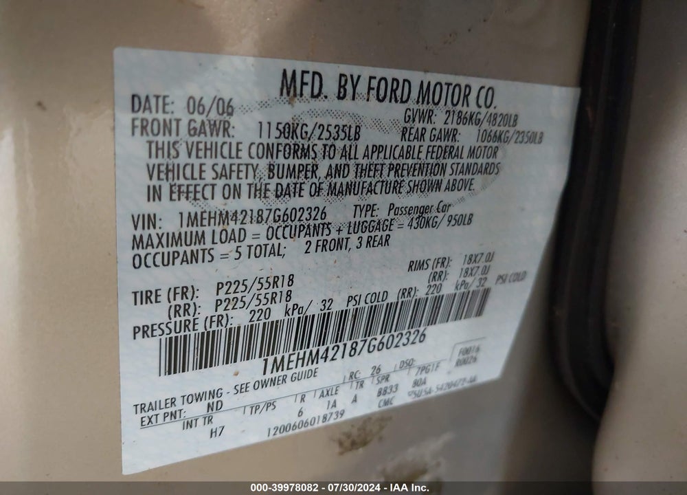 2007 MERCURY MONTEGO PREMIER VIN: 1MEHM42187G602326