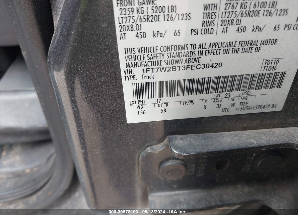 2015 FORD F-250 LARIAT VIN: 1FT7W2BT3FEC30420