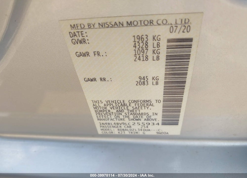 2020 NISSAN ALTIMA S FWD VIN: 1N4BL4BV9LC255934