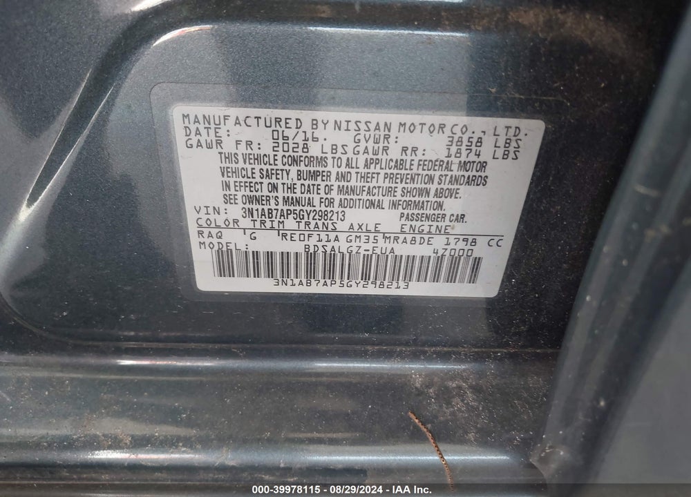 2016 NISSAN SENTRA SL VIN: 3N1AB7AP5GY298213