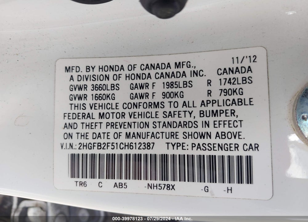 2012 HONDA CIVIC LX VIN: 2HGFB2F51CH612387
