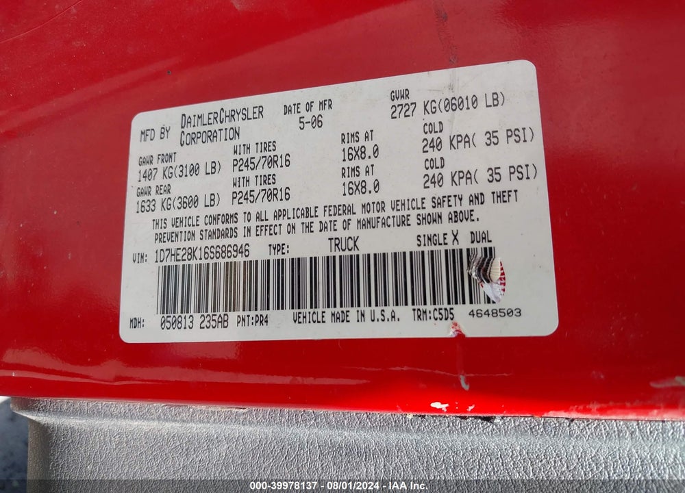 2006 DODGE DAKOTA ST VIN: 1D7HE28K16S686946