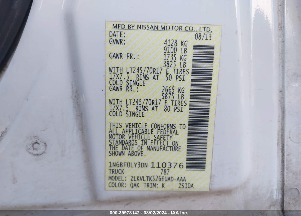 2013 NISSAN NV CARGO NV2500 HD SV V6 VIN: 1N6BF0LY3DN110376