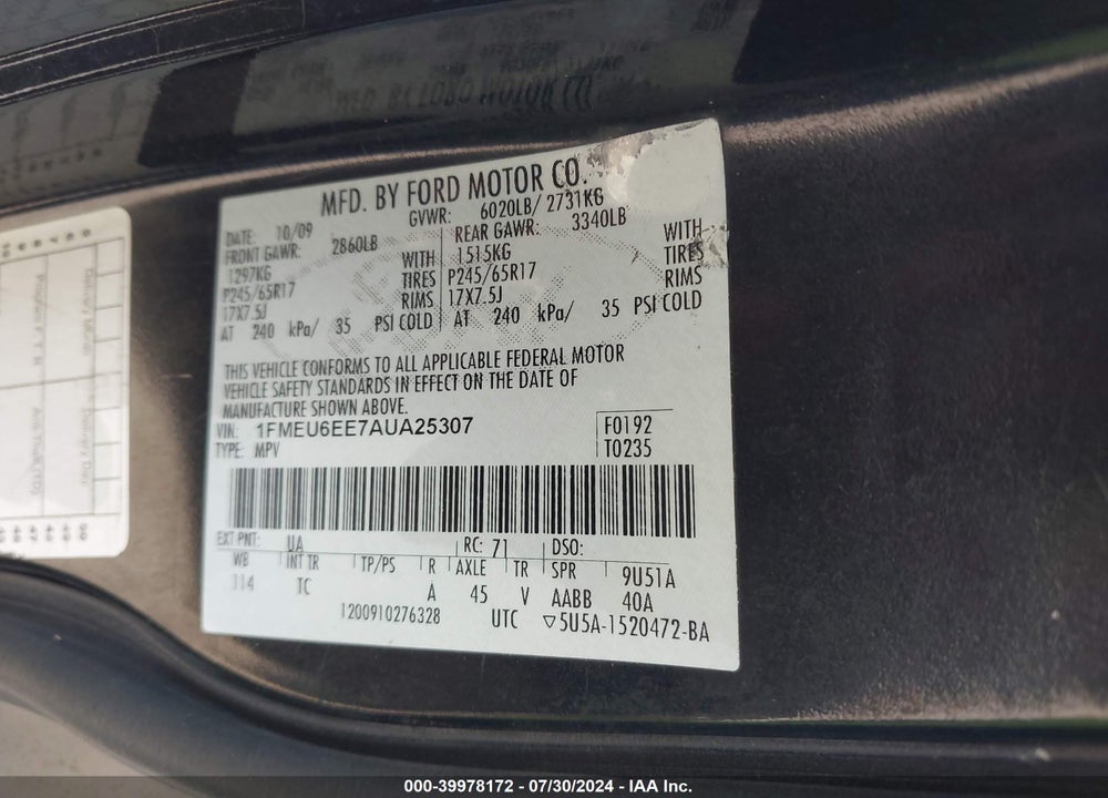 2010 FORD EXPLORER EDDIE BAUER VIN: 1FMEU6EE7AUA25307