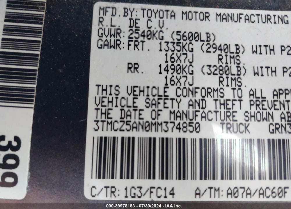2021 TOYOTA TACOMA VIN: 3TMCZ5AN0MM374850