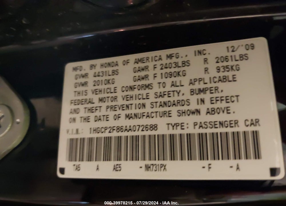 2010 HONDA ACCORD SDN 2.4 EX-L/EX-L VIN: 1HGCP2F86AA072688