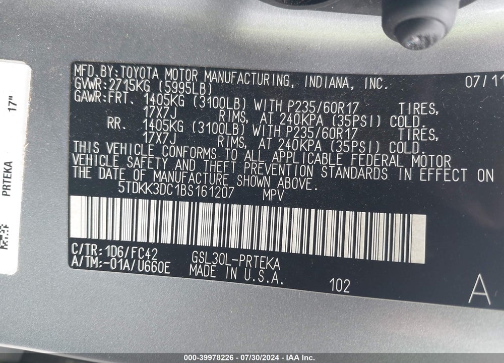 2011 TOYOTA SIENNA LE V6 VIN: 5TDKK3DC1BS161207