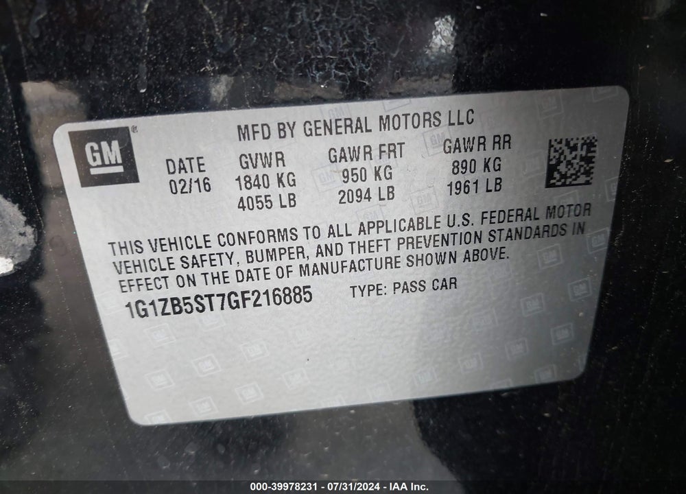 2016 CHEVROLET MALIBU LS VIN: 1G1ZB5ST7GF216885