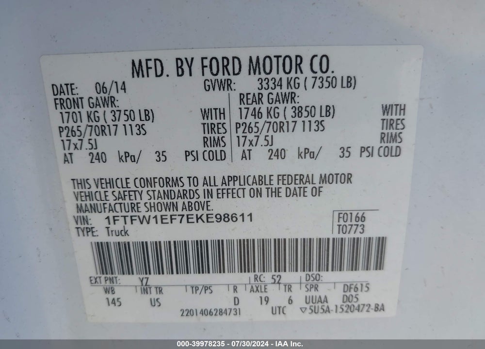 2014 FORD F-150 XLT VIN: 1FTFW1EF7EKE98611