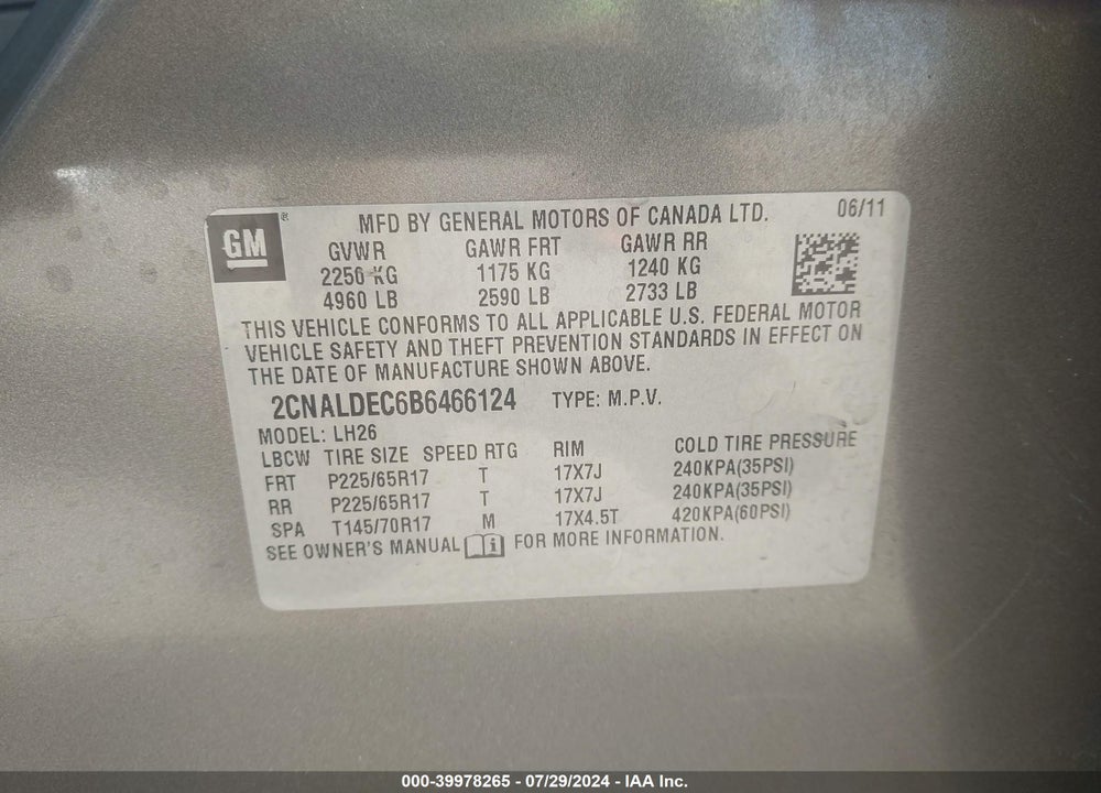 2011 CHEVROLET EQUINOX 1LT VIN: 2CNALDEC6B6466124