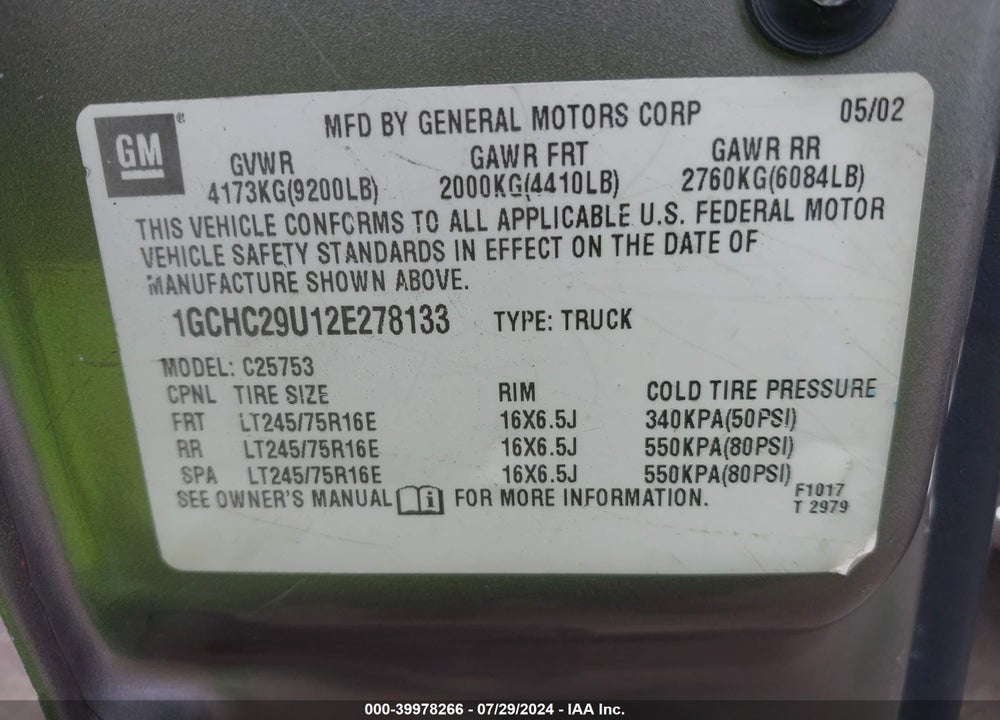 2002 CHEVROLET SILVERADO 2500HD LS VIN: 1GCHC29U12E278133