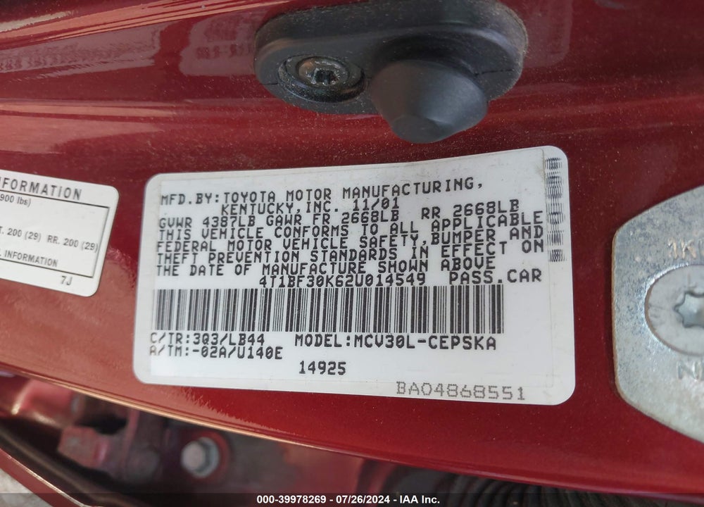 2002 TOYOTA CAMRY SE V6 VIN: 4T1BF30K62U014549