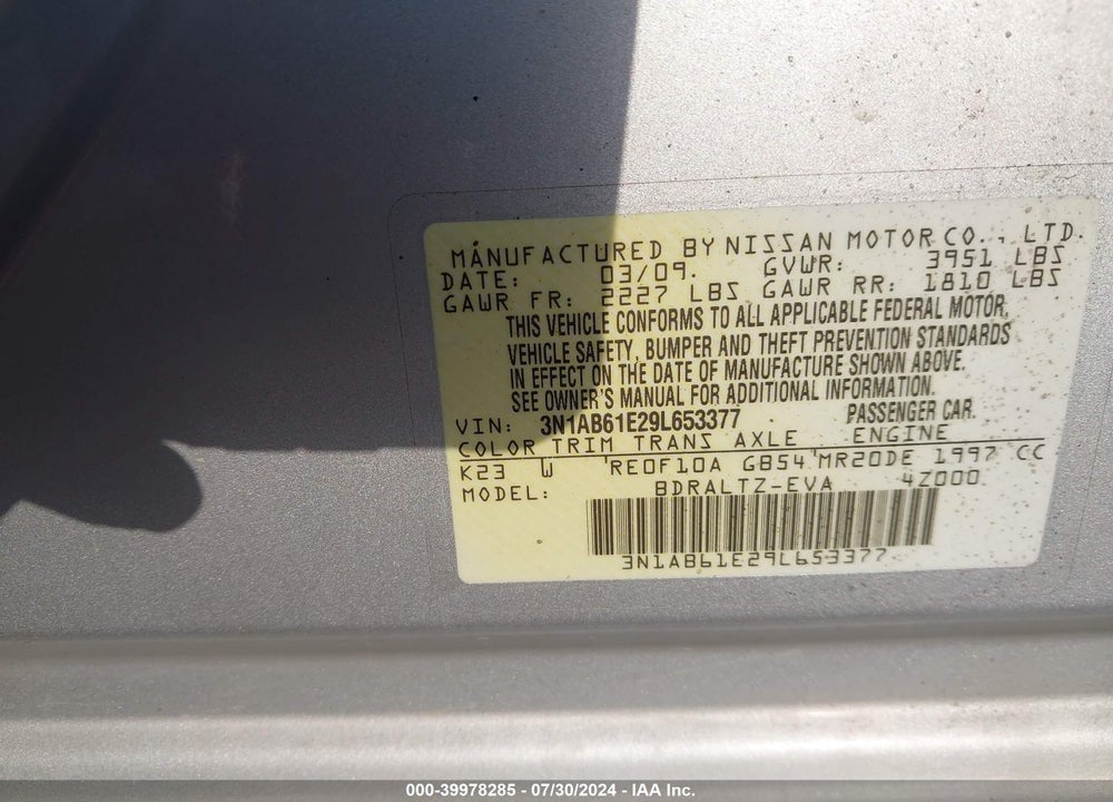 2009 NISSAN SENTRA 2.0S VIN: 3N1AB61E29L653377