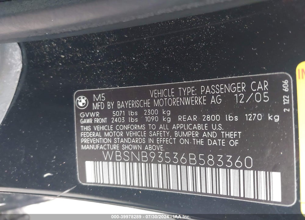 2006 BMW M5 VIN: WBSNB93536B583360