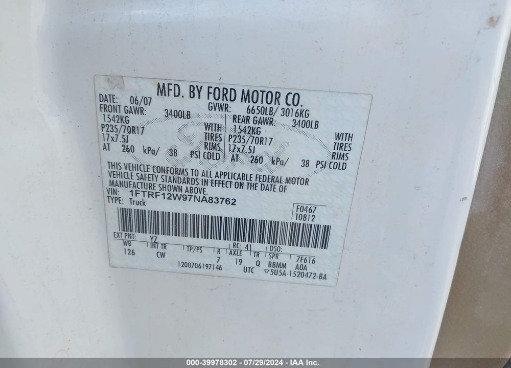 2007 FORD F-150 STX/XL/XLT VIN: 1FTRF12W97NA83762