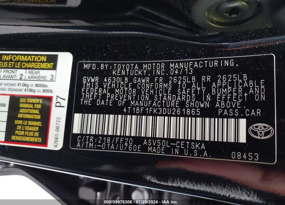 2013 TOYOTA CAMRY SE VIN: 4T1BF1FK3DU261865
