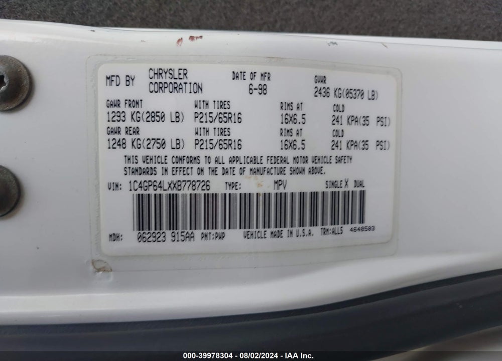 1999 CHRYSLER TOWN & COUNTRY LIMITED VIN: 1C4GP64LXXB778726