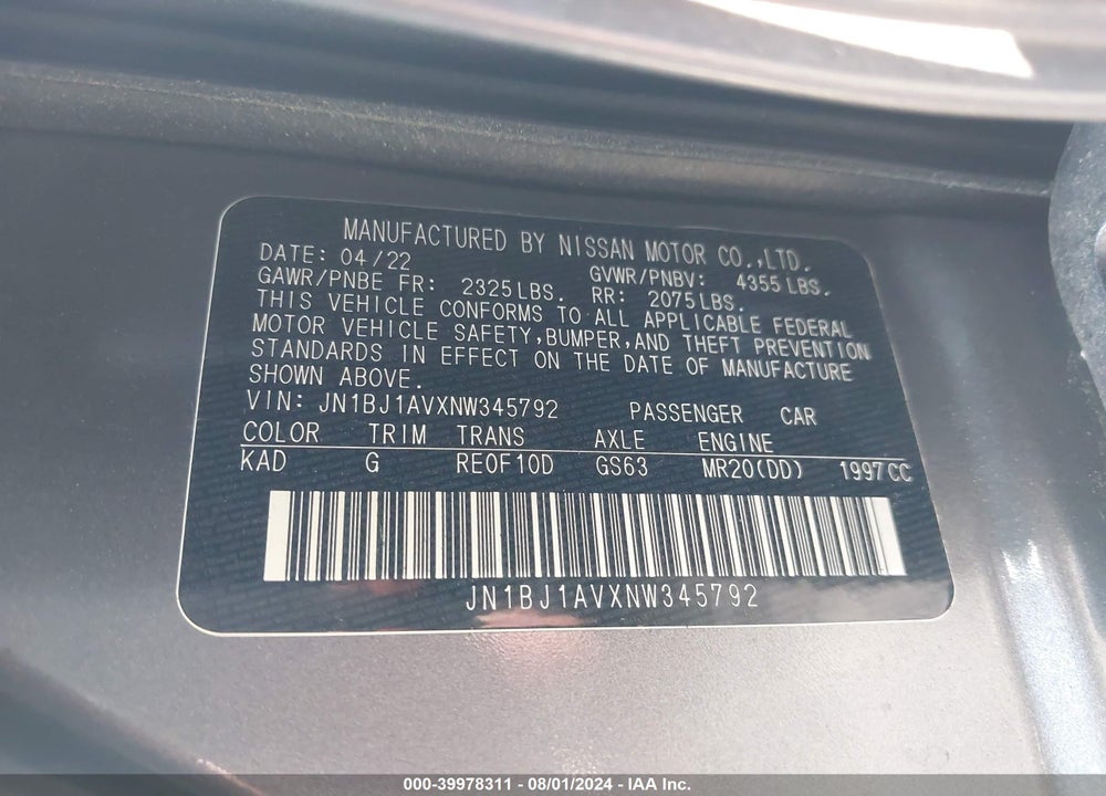 2022 NISSAN ROGUE SPORT S FWD XTRONIC CVT VIN: JN1BJ1AVXNW345792