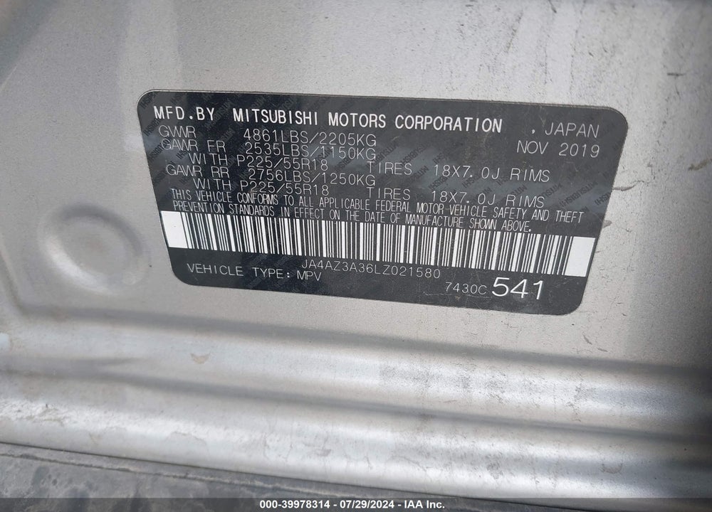 2020 MITSUBISHI OUTLANDER ES 2.4 S-AWC/LE 2.4 S-AWC/SE 2.4 S-AWC/SEL 2.4 S-AWC/SP 2.4 S-AWC VIN: JA4AZ3A36LZ021580
