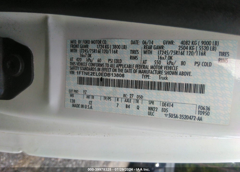 2014 FORD E-250 COMMERCIAL VIN: 1FTNE2EL0EDB13808