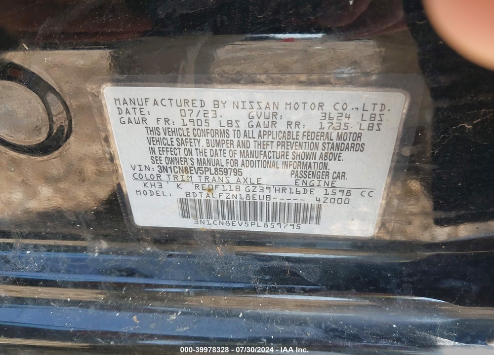 2023 NISSAN VERSA 1.6 SV XTRONIC CVT VIN: 3N1CN8EV5PL859795