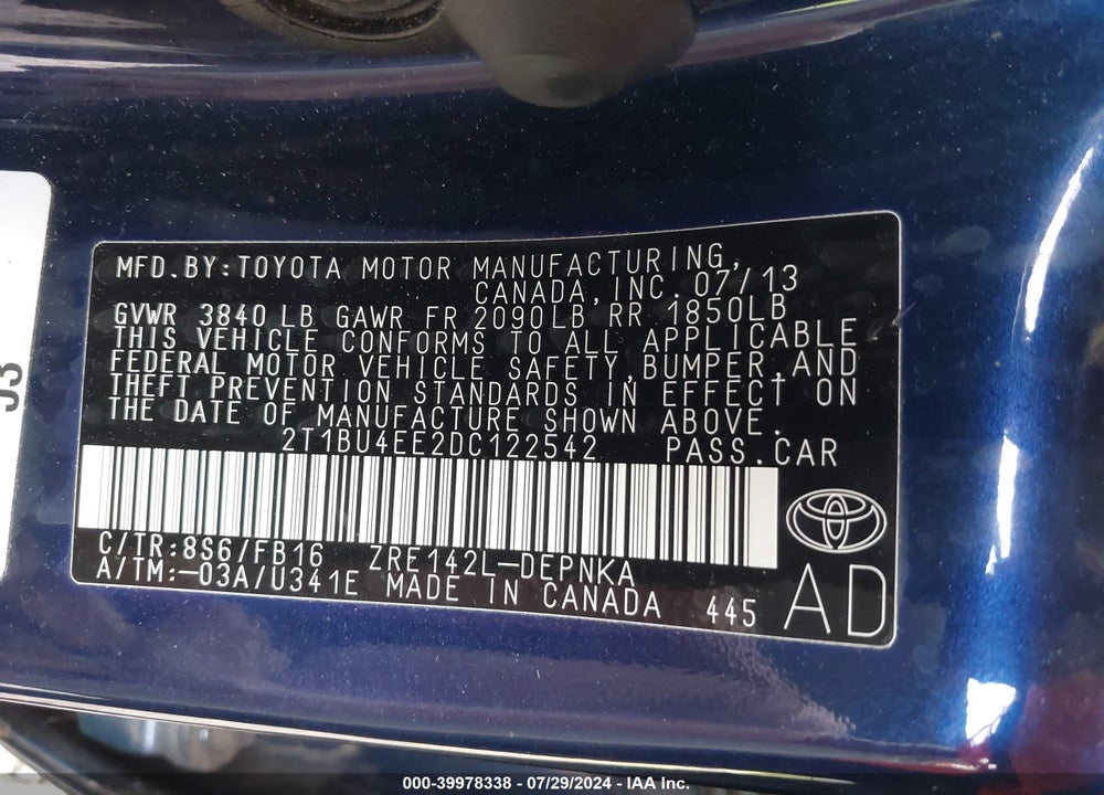 2013 TOYOTA COROLLA LE VIN: 2T1BU4EE2DC122542