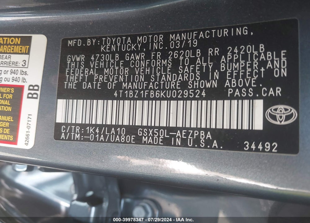 2019 TOYOTA AVALON LIMITED VIN: 4T1BZ1FB6KU029524